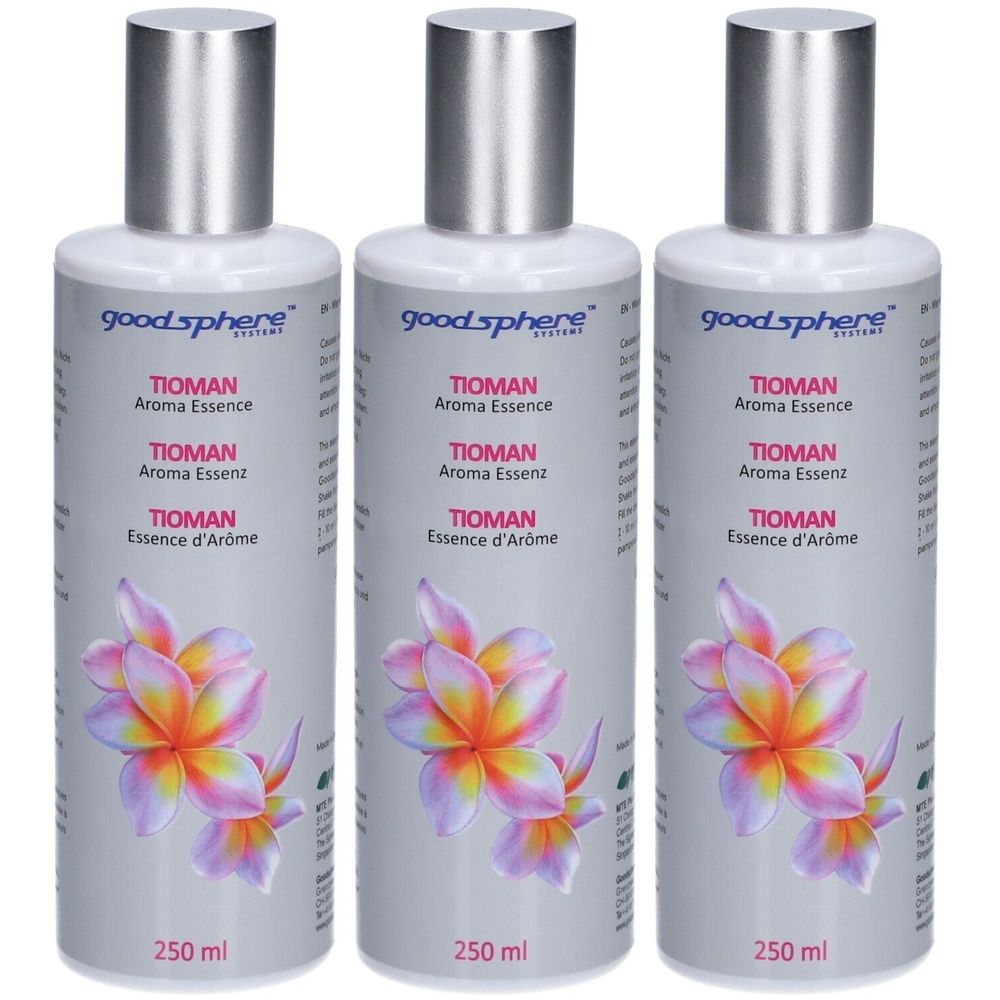 Trois flacons de TIOMAN Aroma Essence. Étiquettes grises avec motif floral. Bouchons argentés. 250 ml.