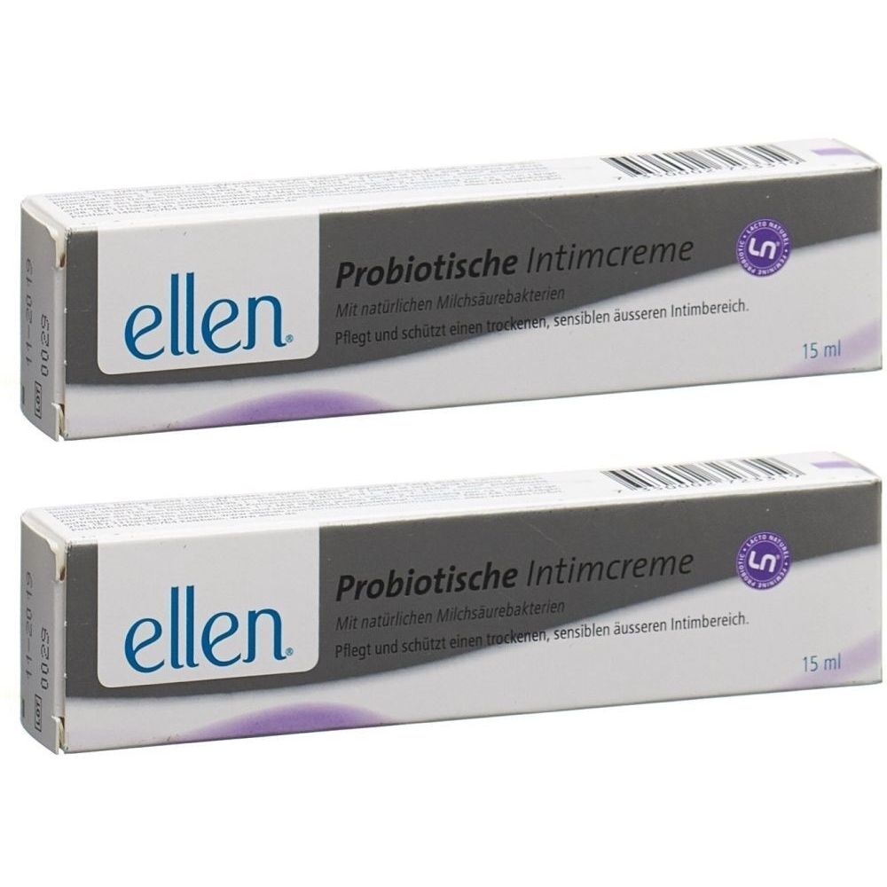 Deux boîtes de crème intime. Inscription : ellen, Probiotische Intimcreme. Avec logo 5 et texte. 15 ml.