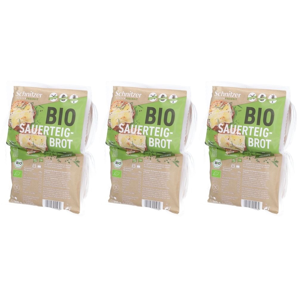 Plusieurs paquets de pain. Inscription: Schnitzer BIO Sauerteig Brot. Visible: label bio.