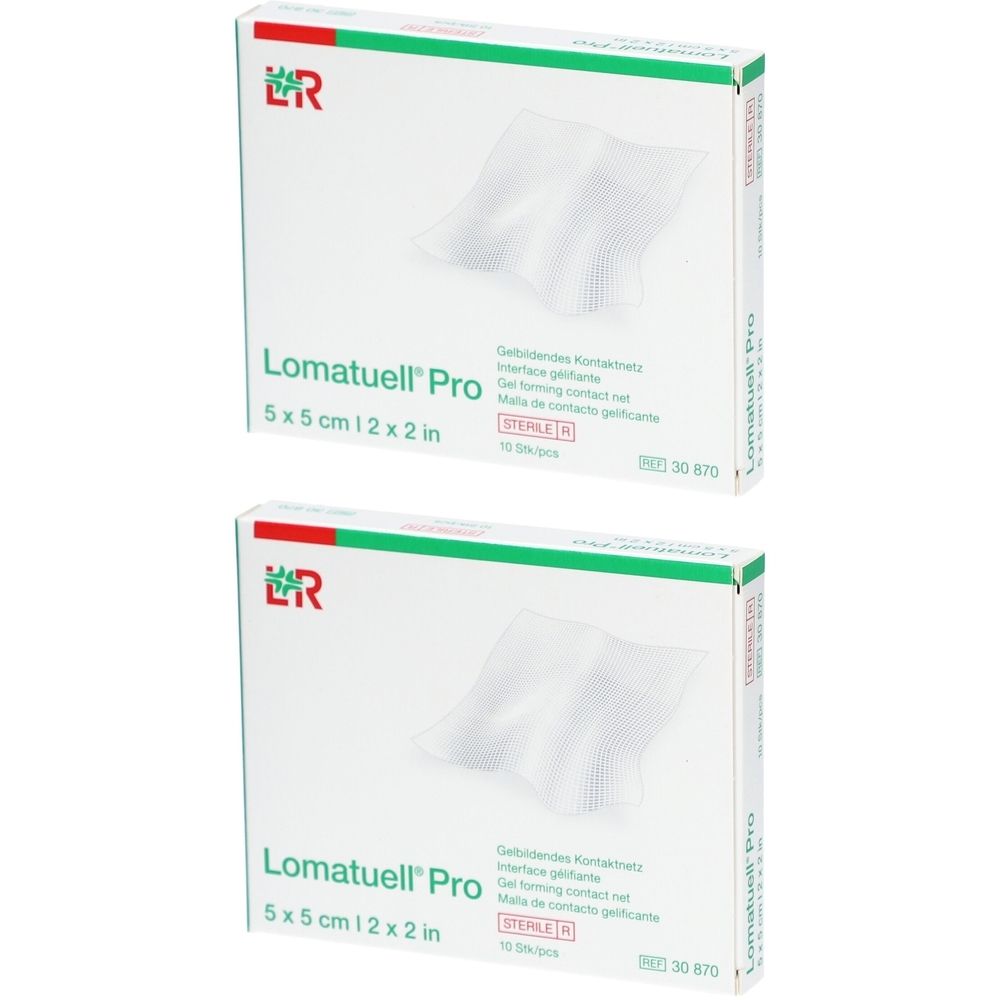 Deux boîtes de Lomatuell Pro, 5x5 cm. Impression : Stérile, 10 pièces. Emballage vert et blanc avec nom et logo du produit.