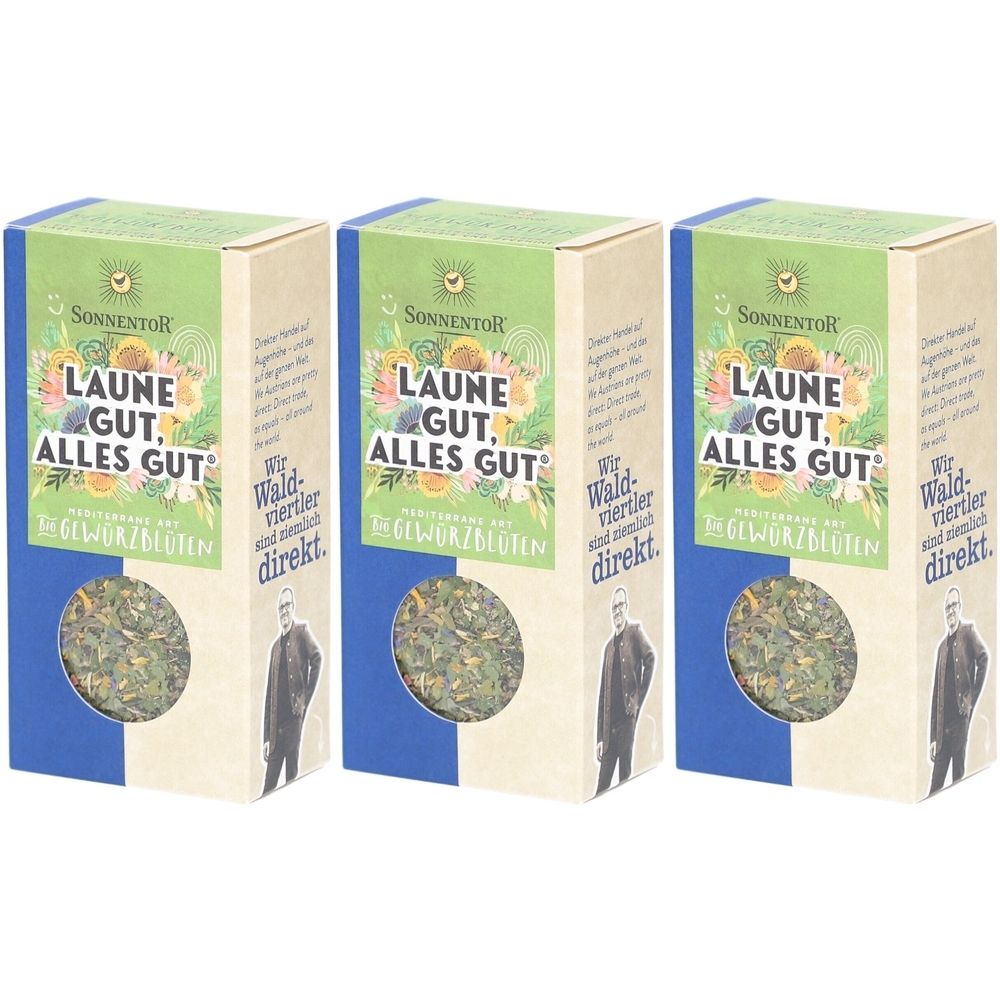 Trois boîtes rectangulaires avec l'inscription "LAUNE GUT, ALLES GUT". Inscriptions : "SONNENTOR", herbes et fleurs, et texte.