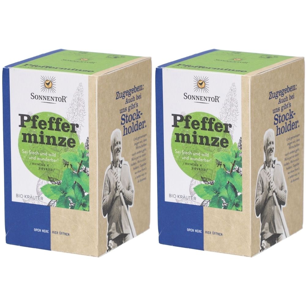 Deux boîtes rectangulaires avec impression. Inscription "Pfefferminze" et "SONNENTOR". Graphique vert et blanc de feuilles de menthe poivrée. Herbes bio.