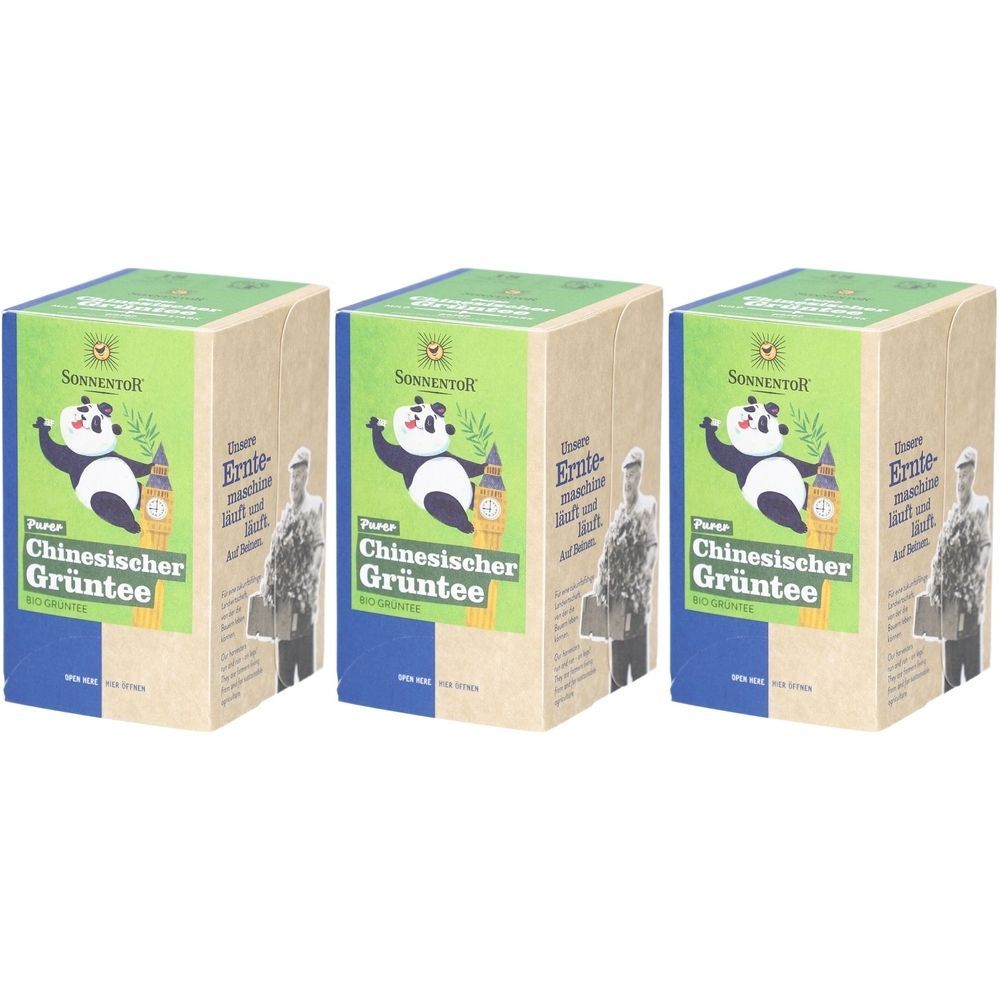Trois boîtes en carton de thé vert. Impression : panda, Big Ben, texte Chinesischer Grüntee. Marque : SONNENTOR.