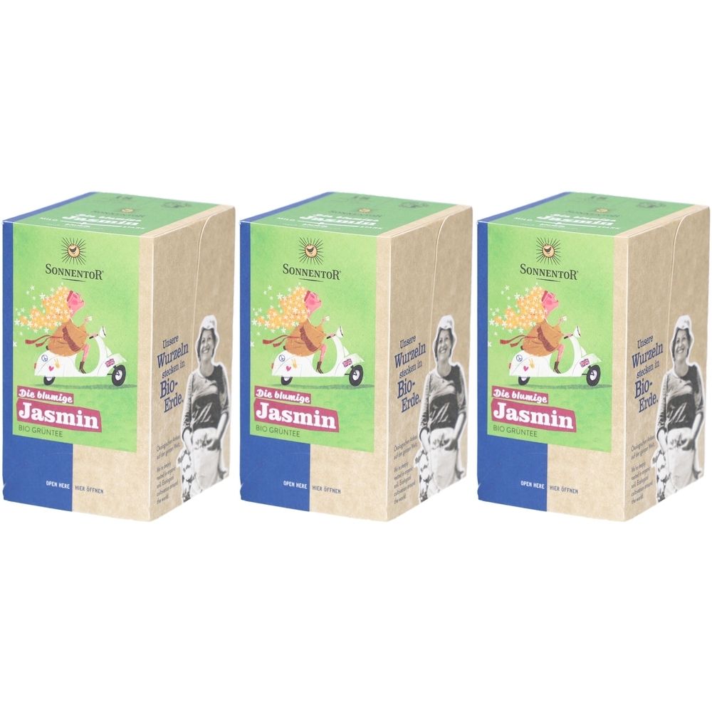 Trois boîtes de thé SONNENTOR Jasmin. Illustration : femme sur scooter, fleurs de jasmin, inscription Jasmin. Emballage vert-brun.