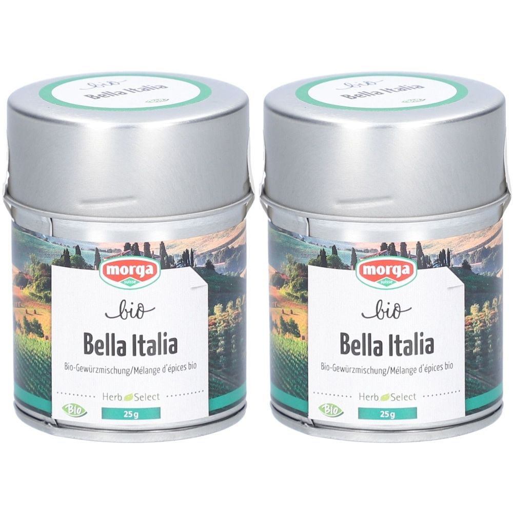 Deux boîtes de mélange d'épices Morga Bio Bella Italia. Récipients métalliques avec couvercles. Inscription : bio, Bella Italia, 25g. Paysage.