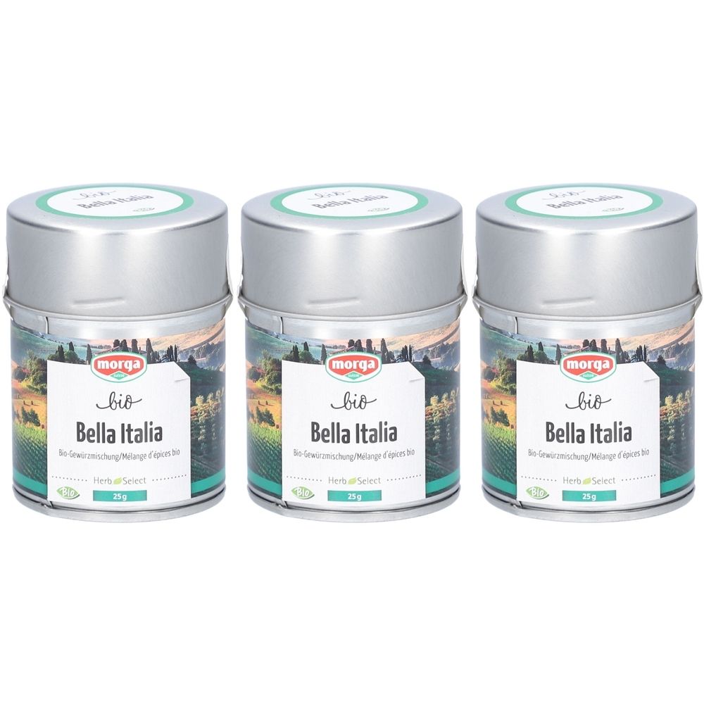 Trois boîtes de mélange d'épices Morga Bio Bella Italia. Récipients métalliques avec paysage et nom du produit. Couvercles avec inscription.