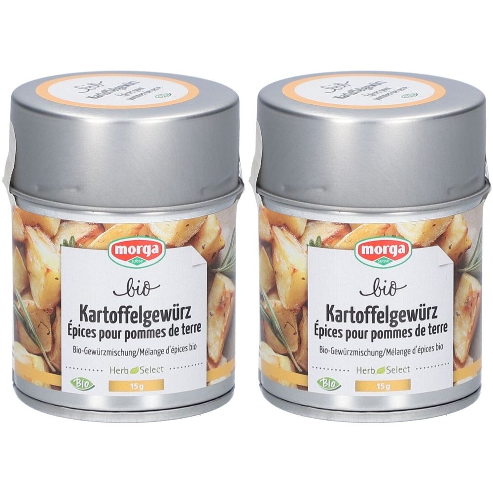 Zwei Dosen Kartoffelgewürz. Metallbehälter mit Deckel. Etikett mit Produktname, Marke Morga und Bio-Siegel. Aufschrift: Kartoffelgewürz.