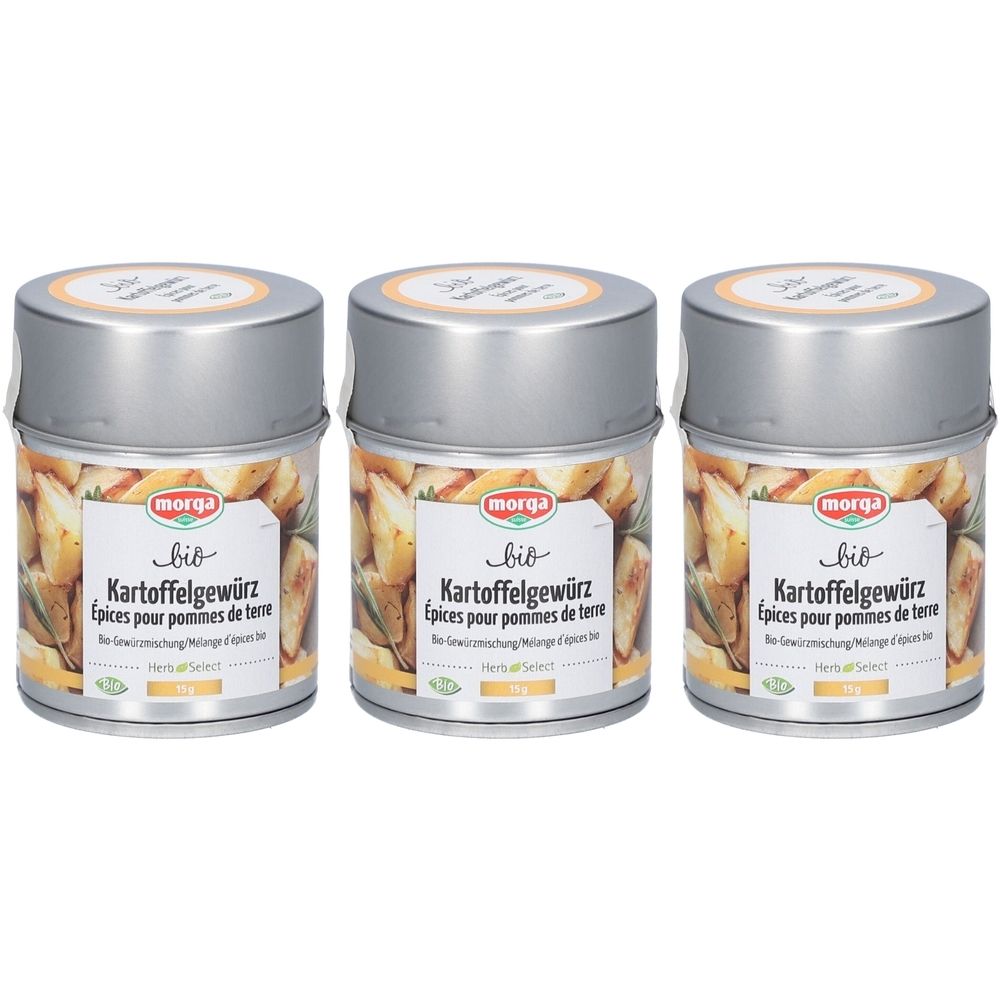 Drei Dosen Kartoffelgewürz mit silbernen Deckeln. Auf den Etiketten steht "morga bio Kartoffelgewürz".