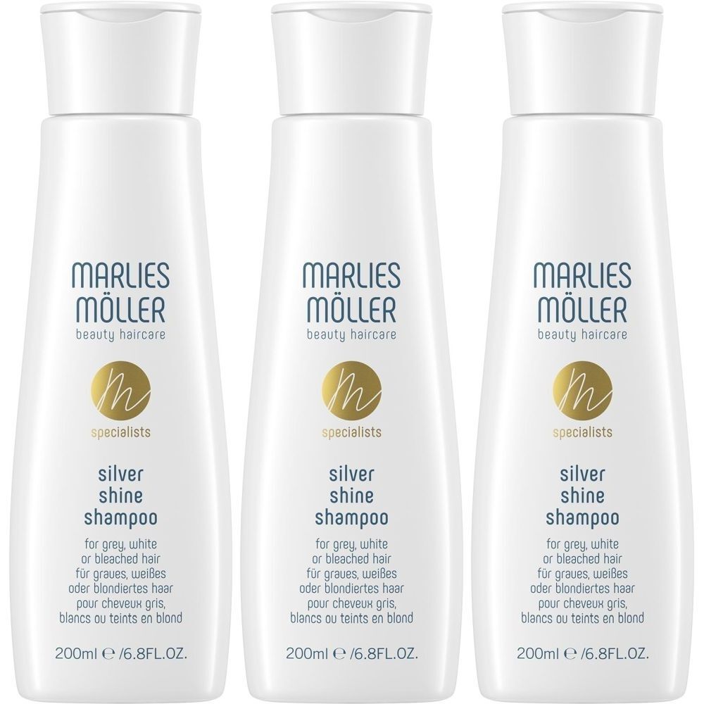 Drei weiße Shampoo-Flaschen mit Klappverschluss. Aufschrift: Marlies Möller, Silver Shine Shampoo für graues, weißes oder blondiertes Haar.