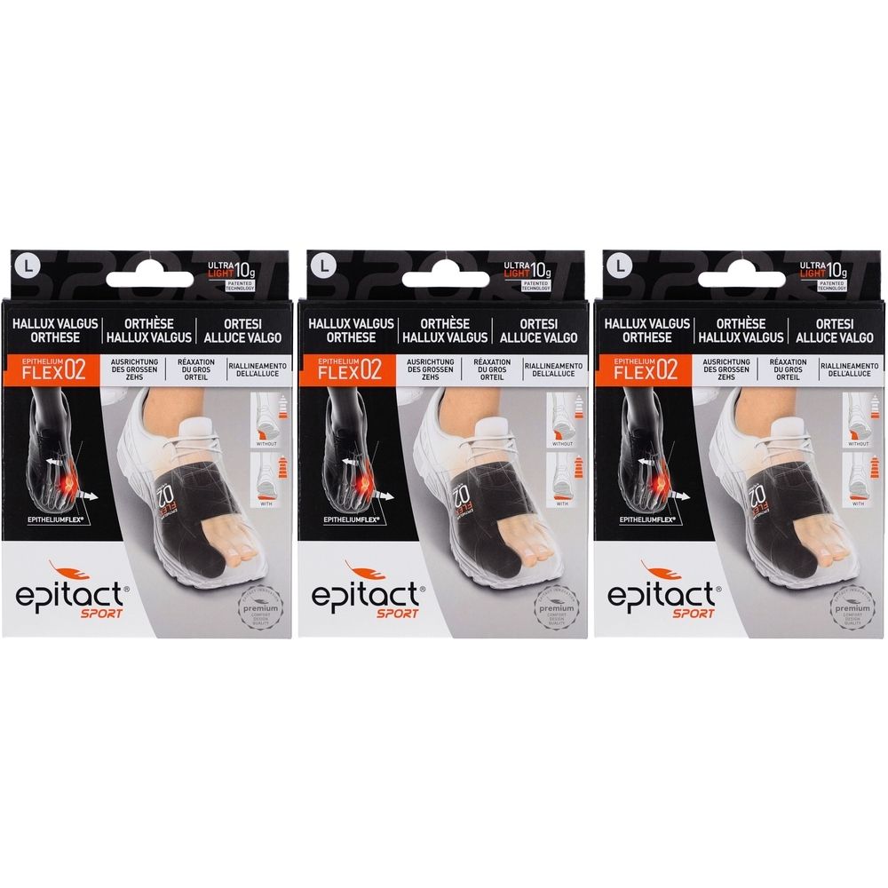 Trois boîtes d'orthèses Epitact® Hallux Valgus. Orthèse noire et beige sur chaussure. Emballage noir avec nom du produit.