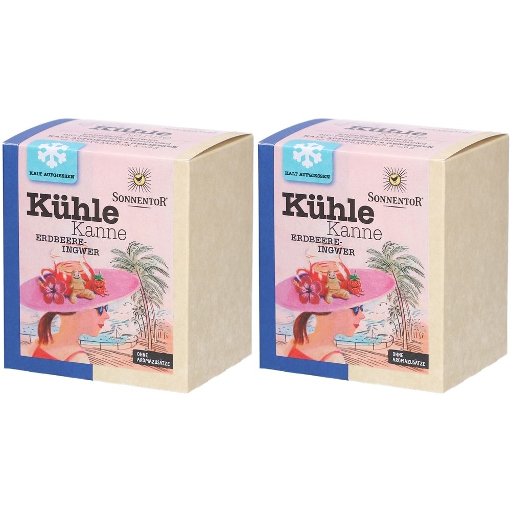 Deux boîtes carrées. Impression : Kühle Kanne Erdbeer-Ingwer Tee. Marque : Sonnentor. Illustration : femme avec chapeau à la plage.