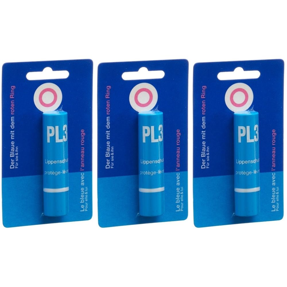 Trois bâtons de baume à lèvres bleus. Chaque bâton a un anneau rouge et l'inscription "PL3".