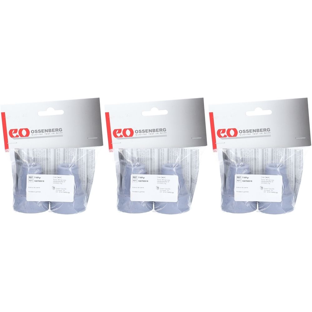 Drei Packungen Krückenkapseln. Jede Packung enthält zwei graue Kapseln in einer transparenten Blisterverpackung. Ossenberg-Logo oben.