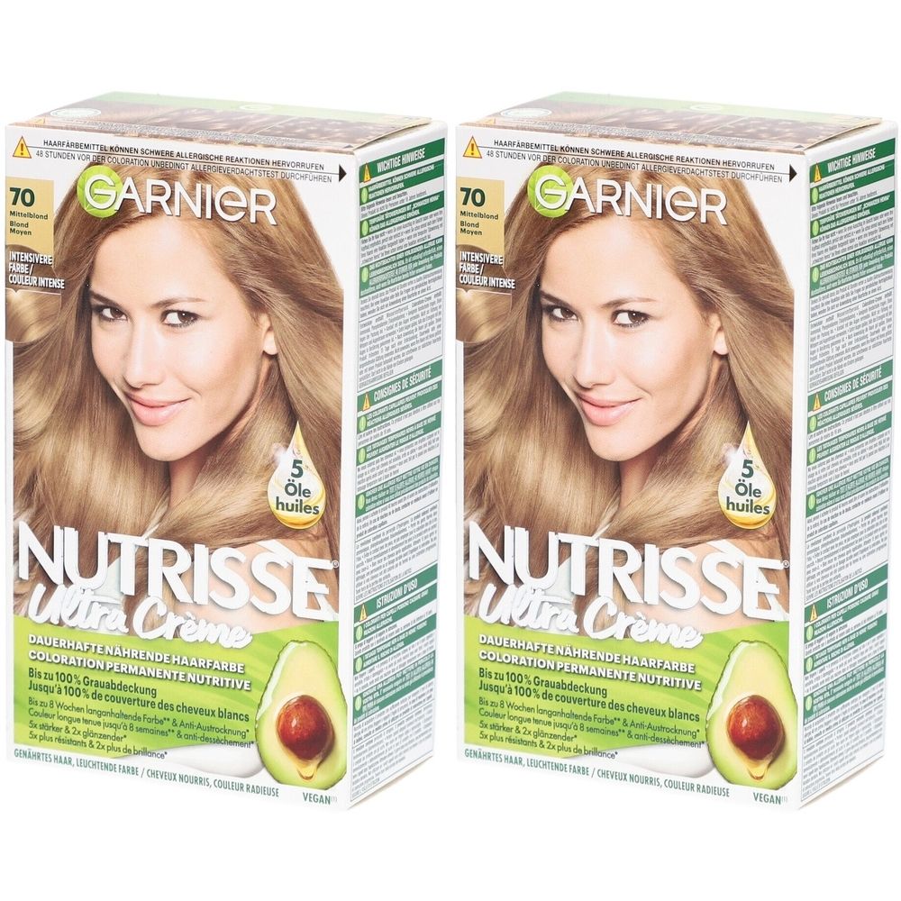 Deux boîtes de coloration capillaire Garnier Nutrisse. Inscription : 70 Blond moyen. Image d'une femme blonde.