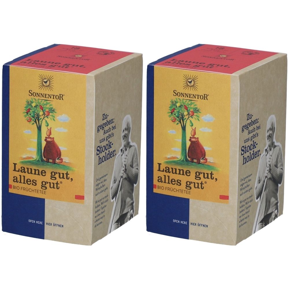 Deux boîtes rectangulaires. Impression : SONNENTOR, Laune gut, alles gut. Infusion de fruits bio. Illustration avec arbre et ours.