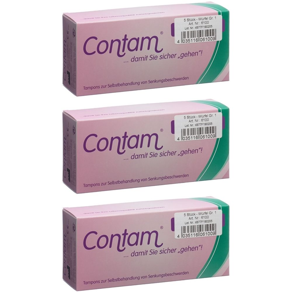 Trois boîtes de tampons Contam. Emballage rose avec texte blanc. Inscription : "...damit Sie sicher...gehen!" et code-barres.