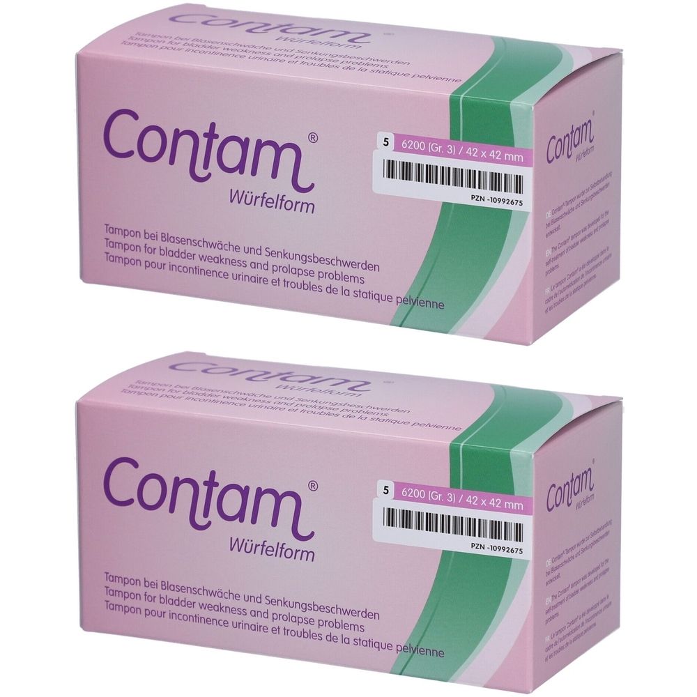 Deux boîtes roses Contam. Tampon pour incontinence urinaire. Taille 3, 42 x 42 mm. Texte en allemand et anglais.