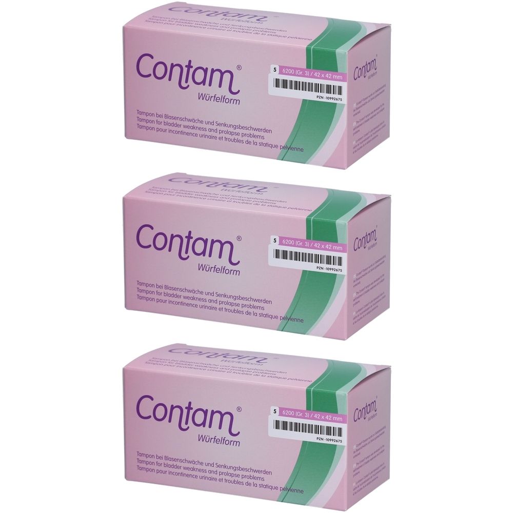 Trois boîtes Contam® Würfelform. Emballage rose avec bande verte et informations produit. Taille 3, 42 x 42 mm.