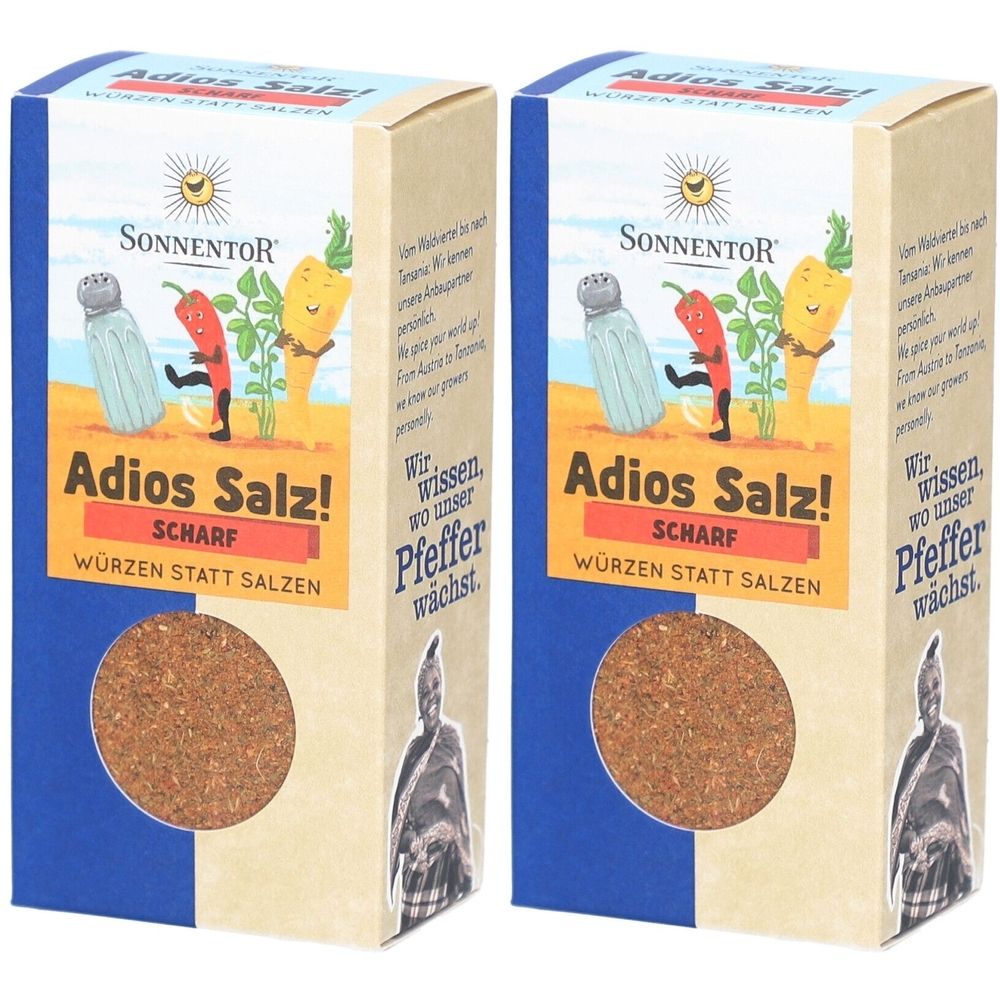 Zwei rechteckige Kartonverpackungen. Aufschrift: Adios Salz! Scharf. Marke: SONNENTOR. Mit Illustrationen von Gewürzen.