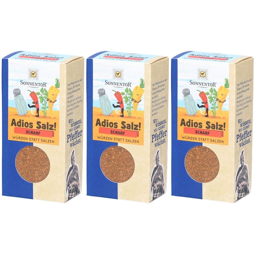 Drei rechteckige Kartons mit Produktnamen "Adios Salz!" und "SCHARF". Sichtfenster mit Gewürzmischung. Marke SONNENTOR.