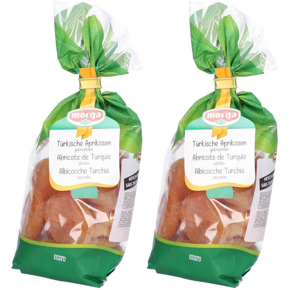 Deux sachets d'abricots turcs séchés. Emballage transparent avec fermeture verte et étiquette avec logo de la marque.
