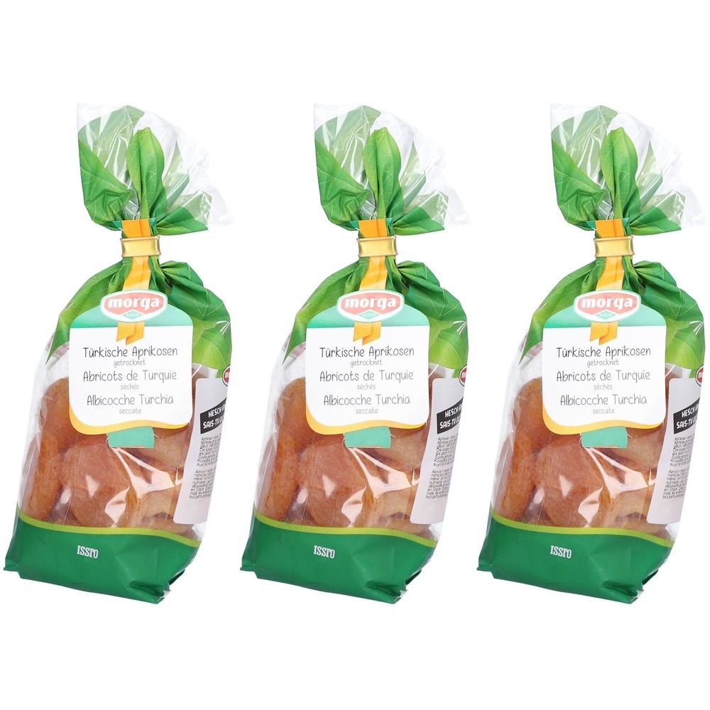 Trois sachets d'abricots secs. Emballage transparent avec fermeture verte et étiquette. Inscription : morga, Abricots turcs.