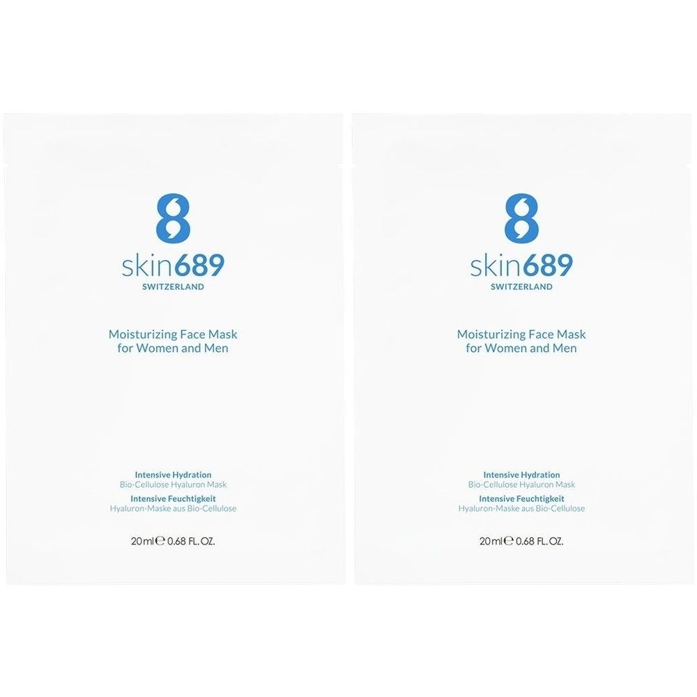 Deux sachets blancs avec informations produit. Logo: 8 skin689. Texte: Moisturizing Face Mask for Women and Men. 20ml/0.68 FL.OZ.