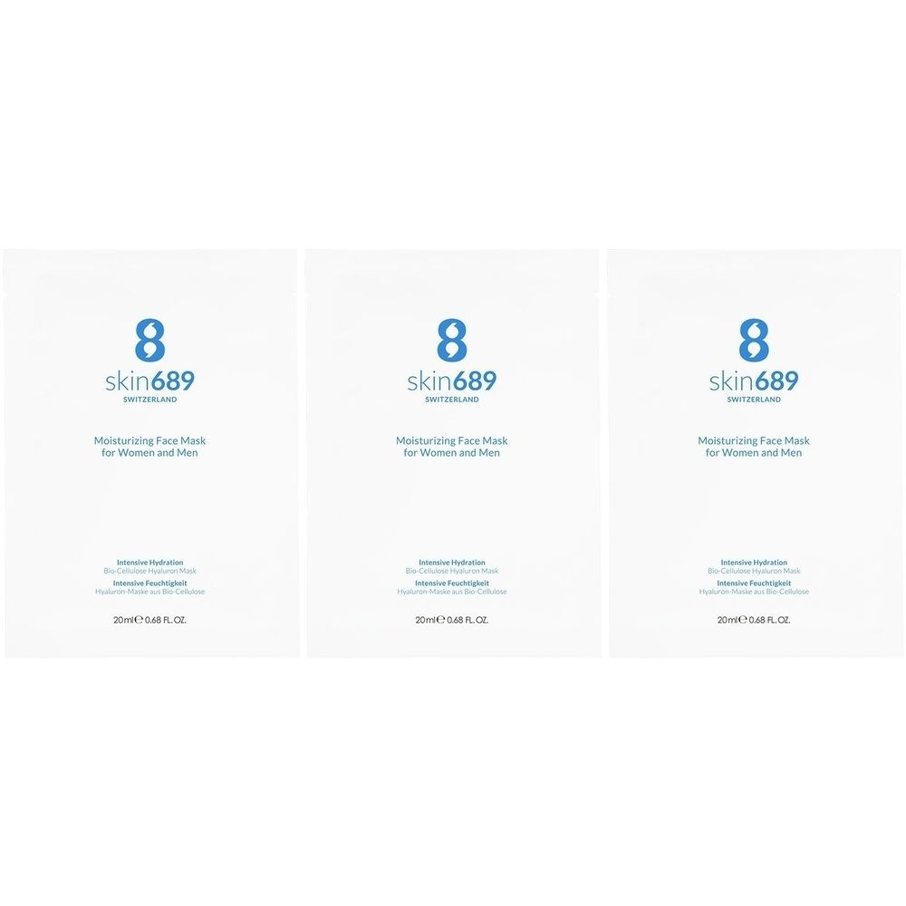 Trois emballages blancs Skin689. Texte: Moisturizing Face Mask for Women and Men. 20ml/0.68 fl. oz. Logo et texte bleus.