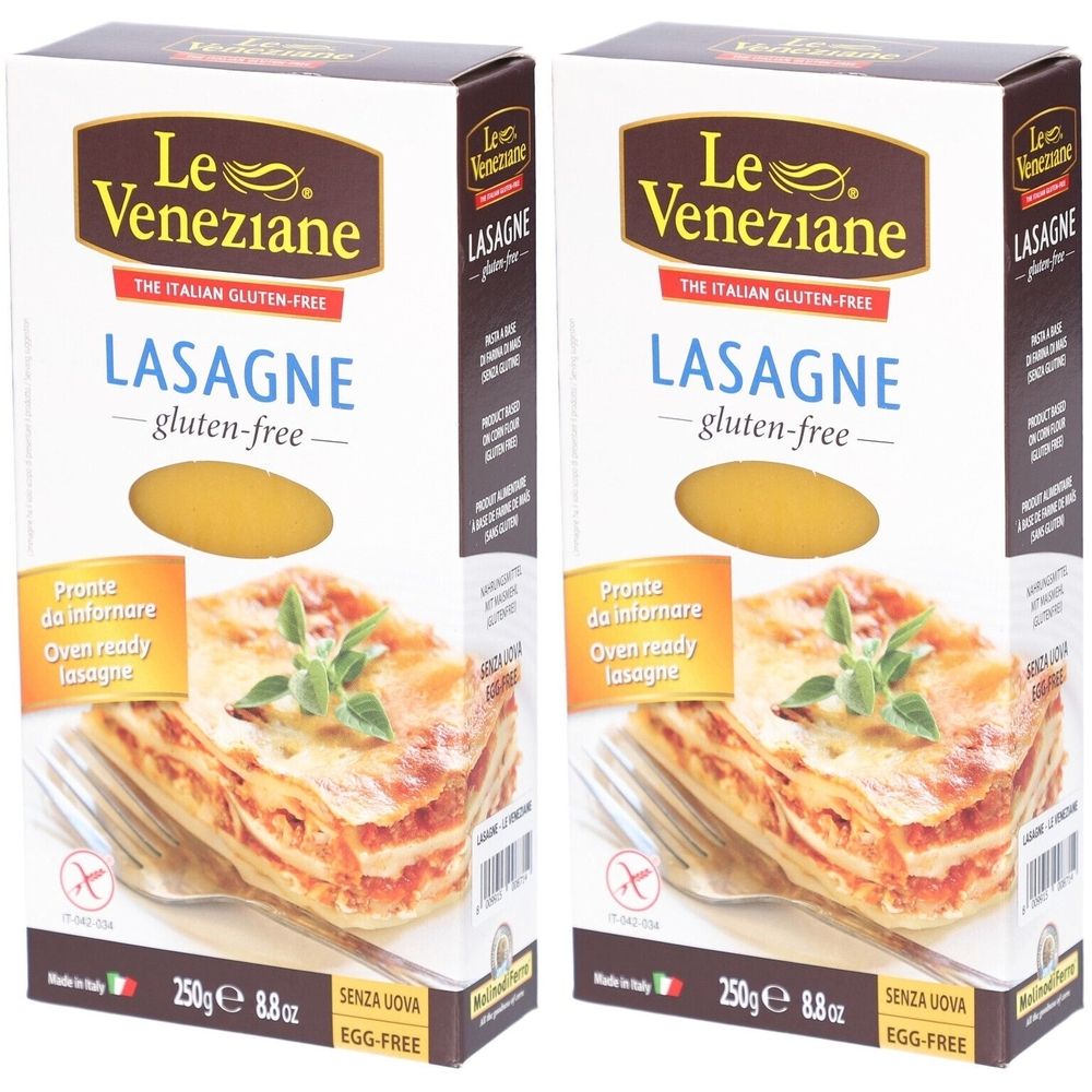 Deux boîtes de lasagnes sans gluten Le Veneziane. Inscriptions : lasagnes, sans gluten, 250g, sans œufs. Image de lasagnes.