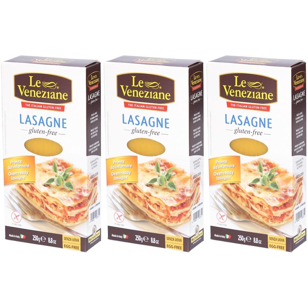Trois boîtes de Le Veneziane® Lasagnes sans gluten. Inscriptions : Lasagne, sans gluten, 250g, sans œufs. Image de lasagnes.