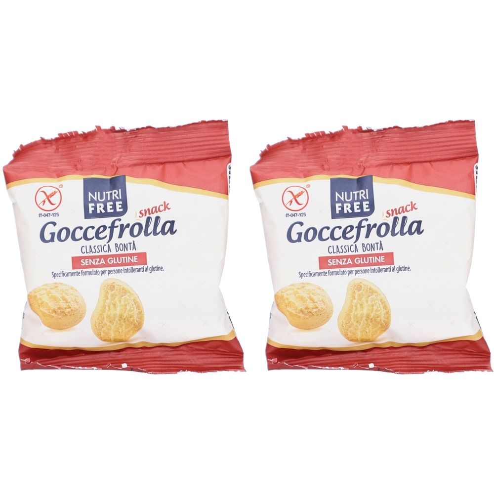 Zwei Snack-Packungen. Aufschrift: Nutri Free Goccefrolla, ohne Gluten. Rote und weiße Verpackung mit Produktabbildung.
