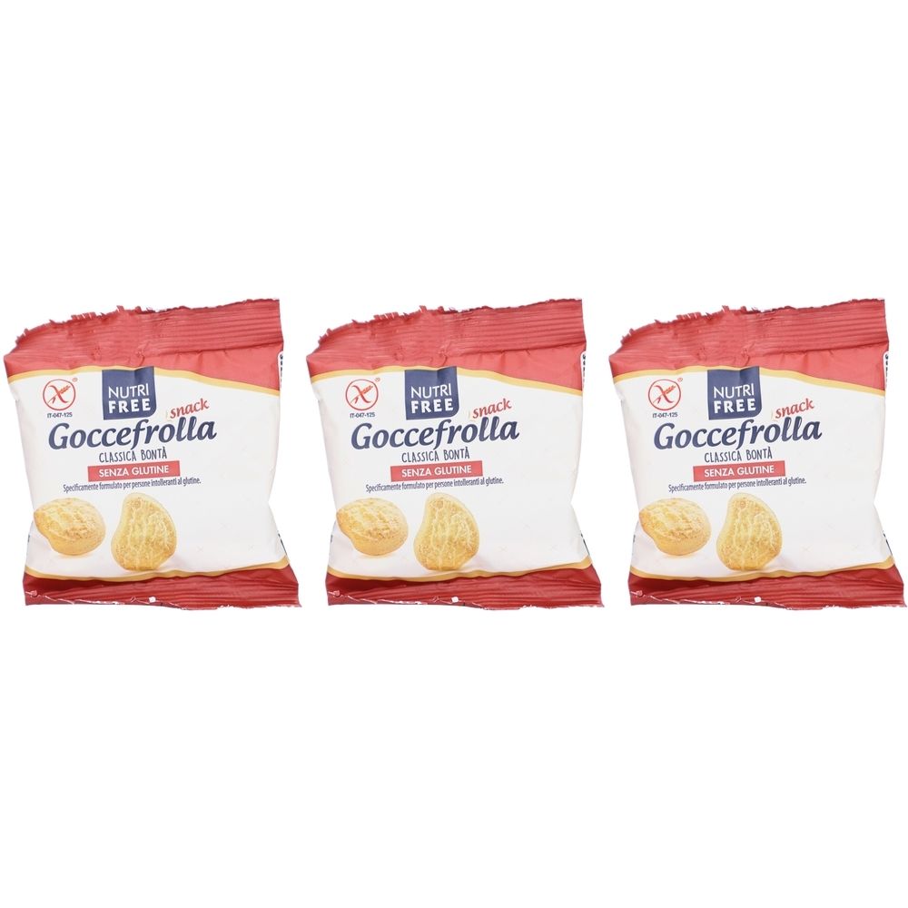 Trois paquets de snack Goccefrolla. Fond rouge et blanc. Inscription : Nutri Free, sans gluten, saveur classique.
