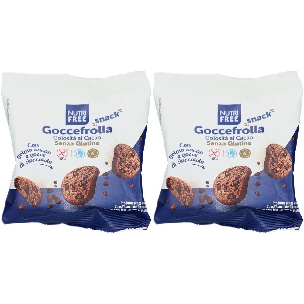 Zwei Beutel Nutrifree Goccefrolla Snack. Aufschrift: Goccefrolla, Golosità al Cacao, Senza Glutine. Mit Kakao und Schokoladenstückchen.