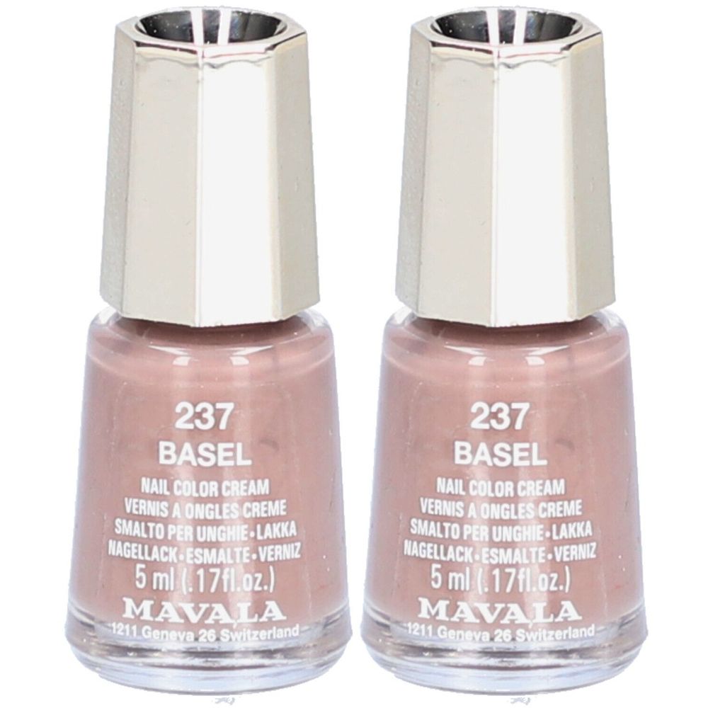 Zwei Flakons Nagellack, Farbe 237 Basel. Mit silberfarbenen Deckeln. Aufschrift: Mavala, Nail Color Cream, 5 ml.