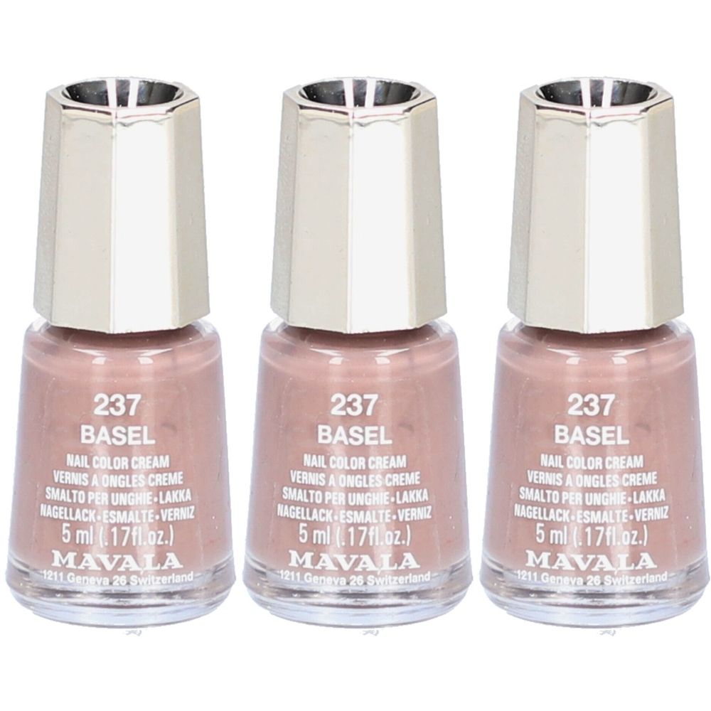 Drei Flakons Nagellack, Farbe 237 Basel. Mit silberfarbenen Deckeln. Marke Mavala. Aufschrift: Nail Color Cream.