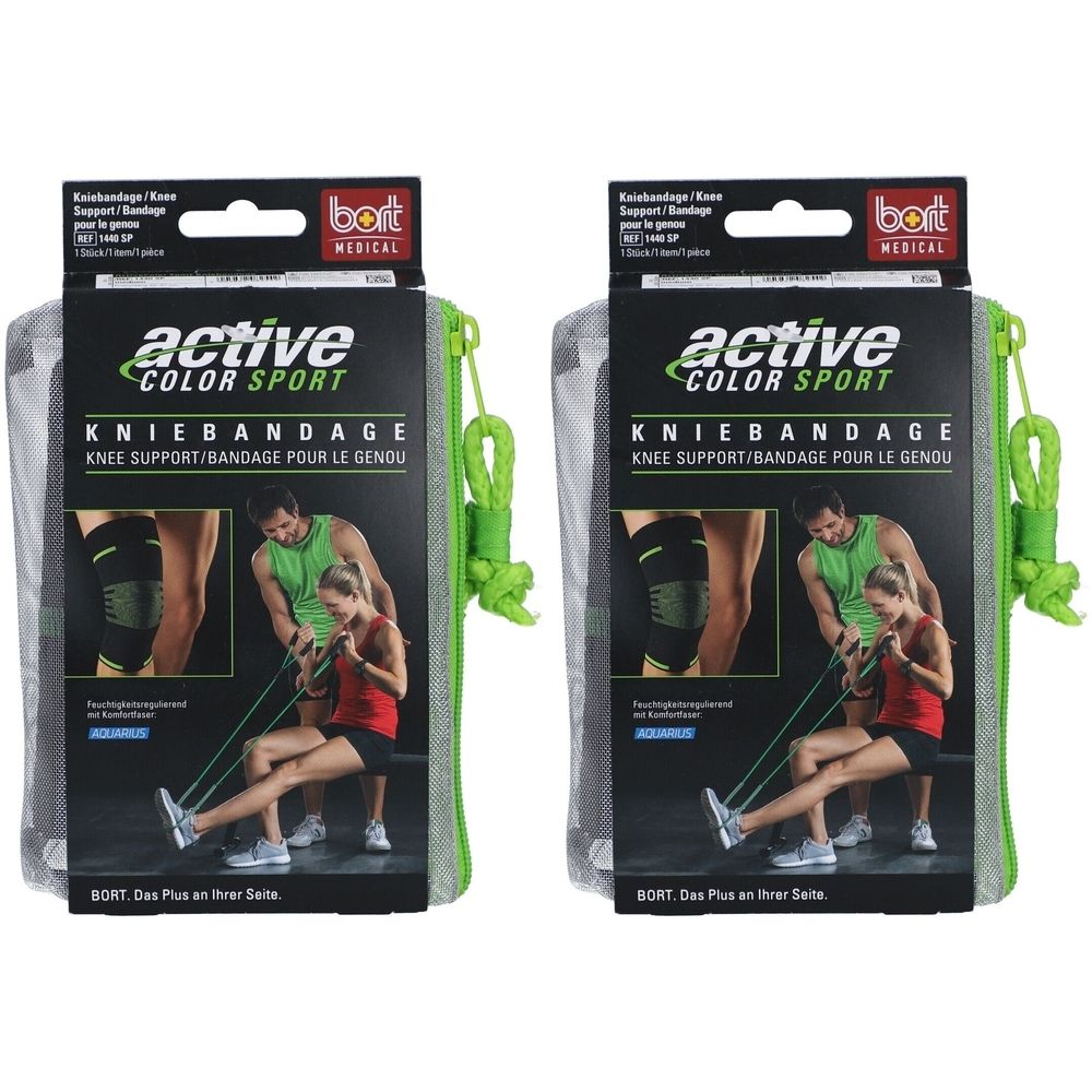 Deux paquets de genouillères ActiveColor Sport. Bandage noir avec des accents verts. Dans un sac en filet gris avec fermeture éclair verte.