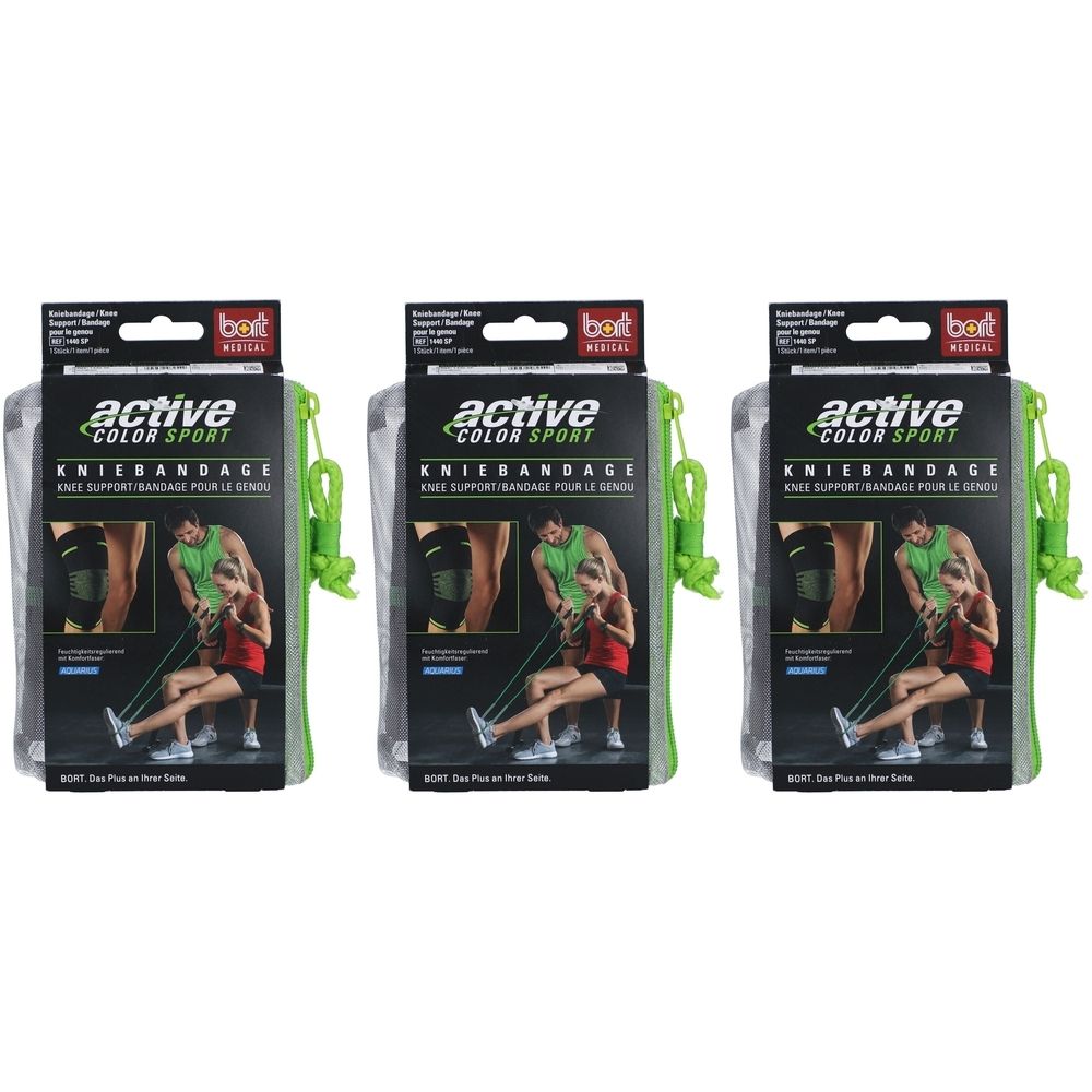 Trois emballages de genouillères ActiveColor Sport. Bandage noir dans un emballage transparent avec poignée verte. Impression: active COLOR SPORT KNIEBANDAGE.