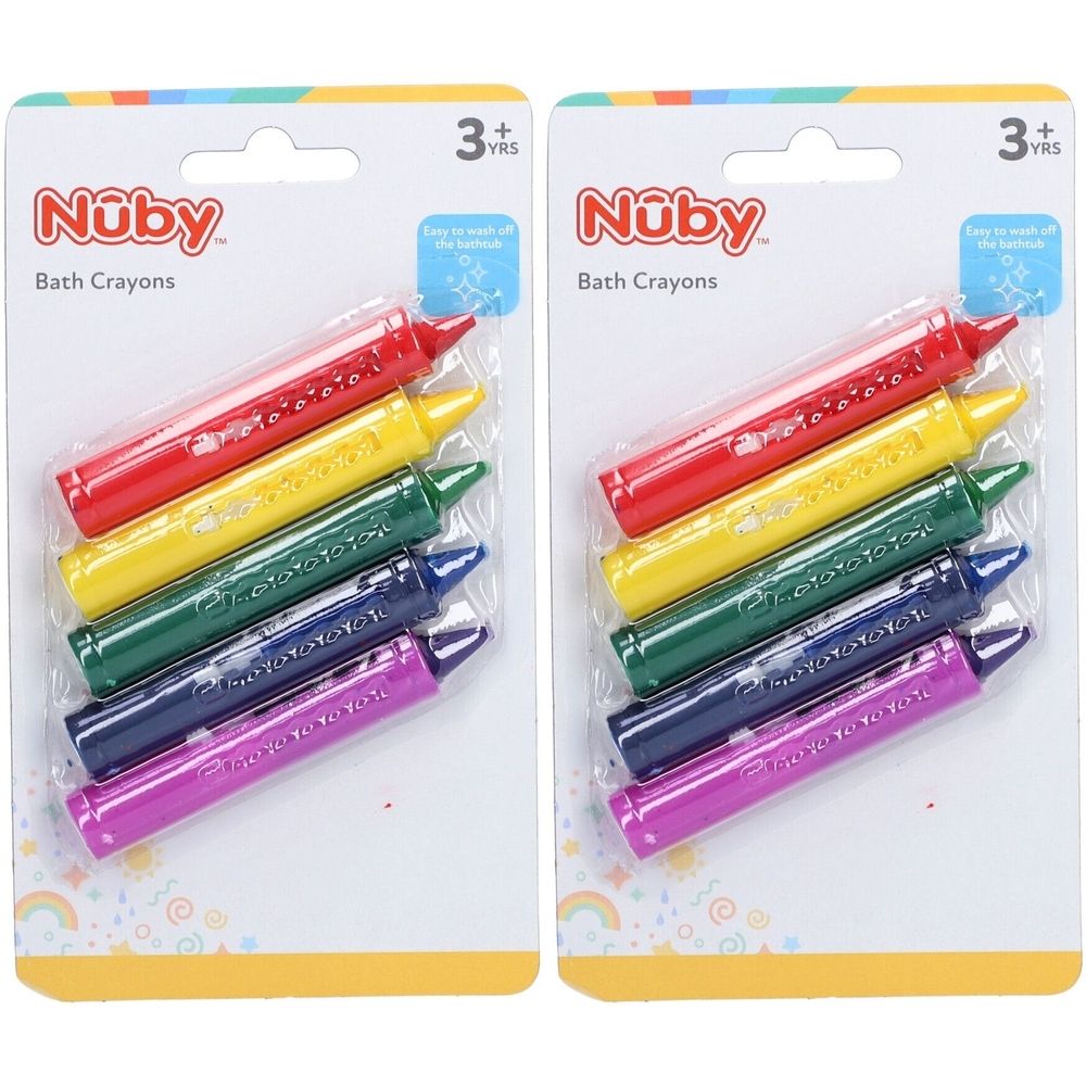 Deux paquets de crayons de bain. Chaque paquet contient six crayons de différentes couleurs. Marque : Nûby. Recommandé pour les 3 ans et plus.