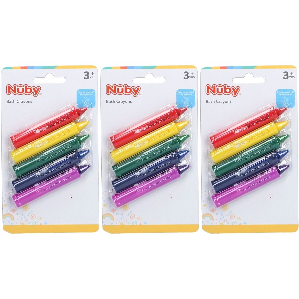 Trois paquets de crayons de bain NUBY. Chaque paquet contient six crayons colorés. L'emballage indique "3+".