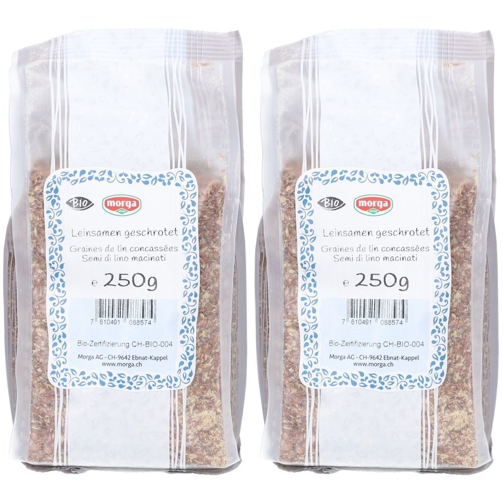 Deux sachets de graines de lin concassées. Inscription : Morga, Bio, Graines de lin concassées, 250g. Emballage transparent.