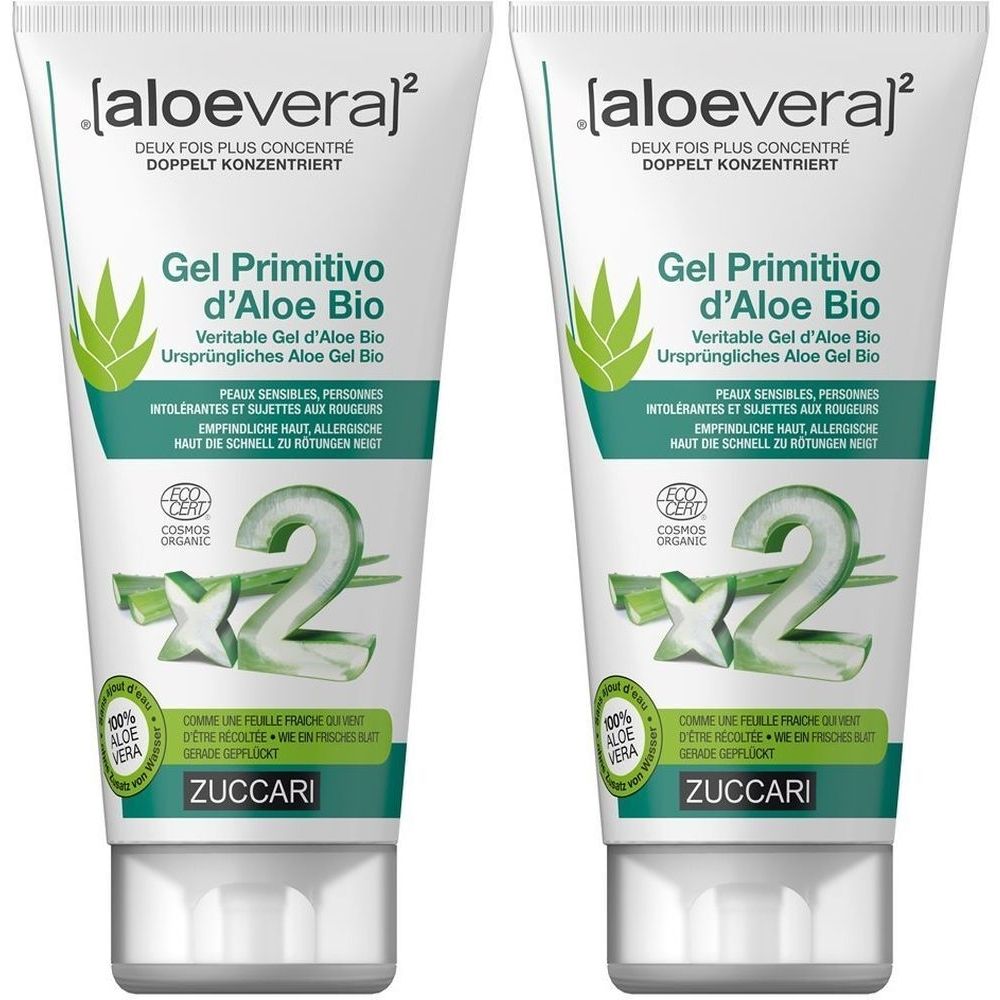 Deux tubes de gel d'aloe vera. Tubes blancs avec accents verts et texte. Inscription : Gel Primitivo d'Aloe Bio, COSMOS ORGANIC, ZUCCARI.