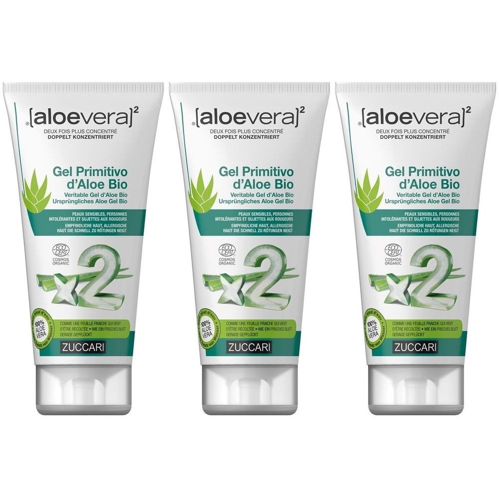 Trois tubes de gel d'aloe vera. Tubes blancs avec texte vert et noir. Inscription : Gel Primitivo d'Aloe Bio. Marque : Zuccari.