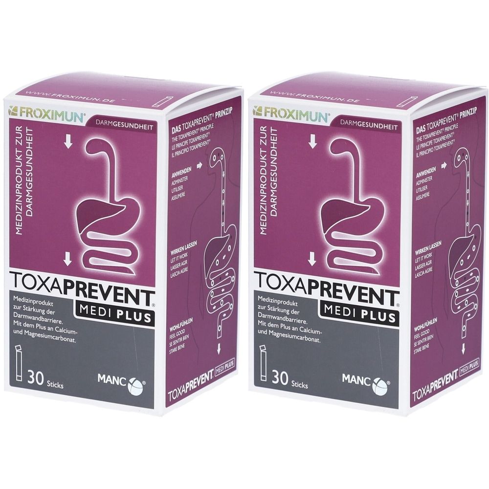 Deux boîtes de TOXAPREVENT MEDI PLUS. Emballage violet et blanc avec illustration d'intestin. Texte : MEDIZINPRODUKT ZUR DARMGESUNDHEIT, 30 sticks.