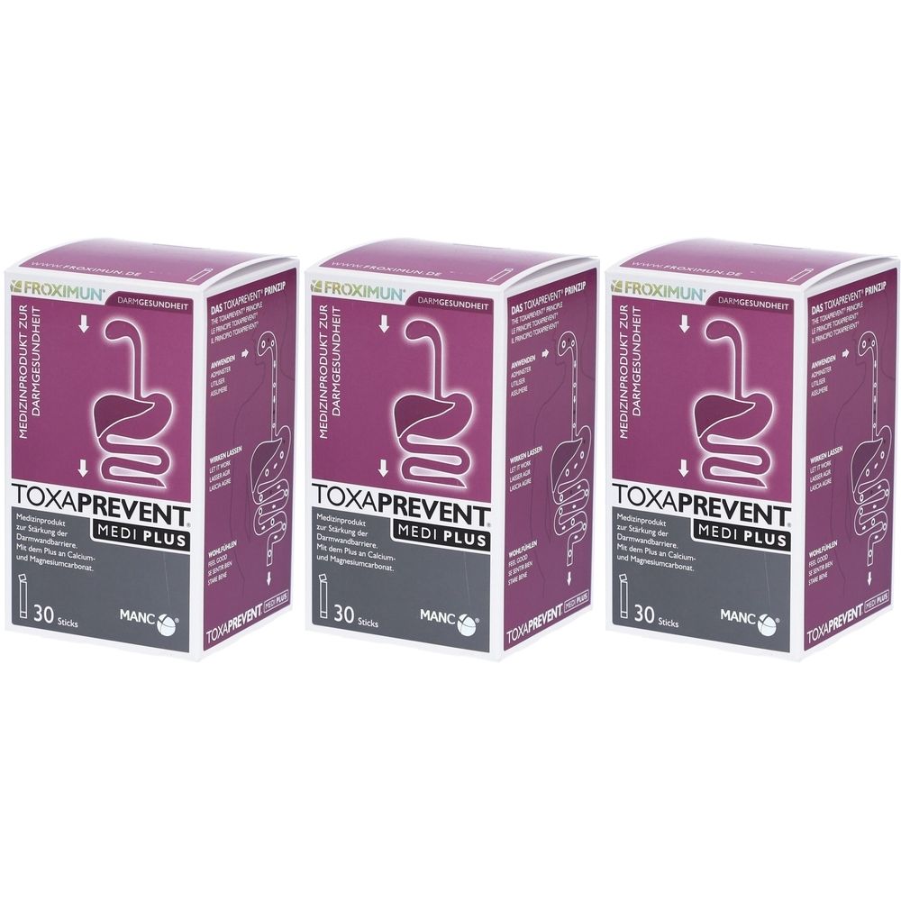 Trois boîtes de TOXAPREVENT MEDI PLUS. Emballage violet et blanc avec nom du produit et illustration du système digestif. 30 sticks par boîte.