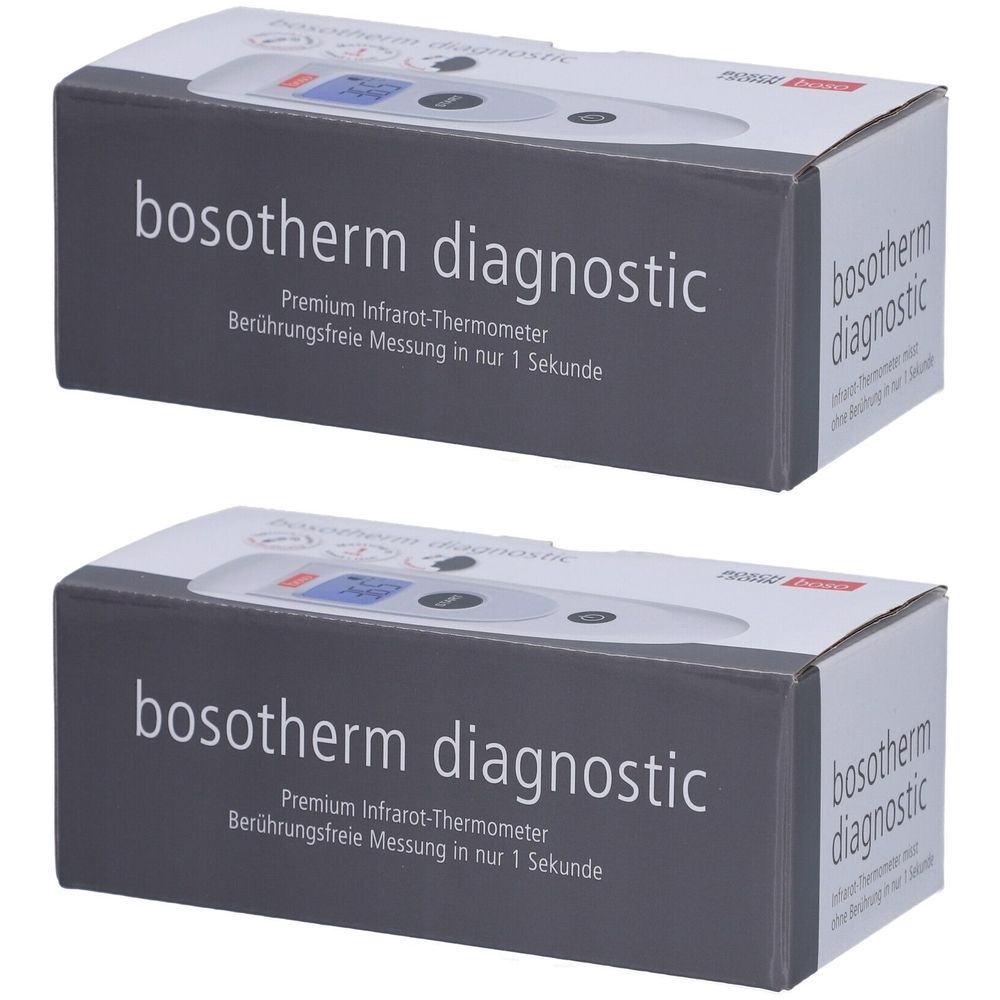 Deux boîtes de thermomètre infrarouge Boso Bosotherm Diagnostic. Inscription : Thermomètre infrarouge premium, mesure sans contact en 1 seconde.