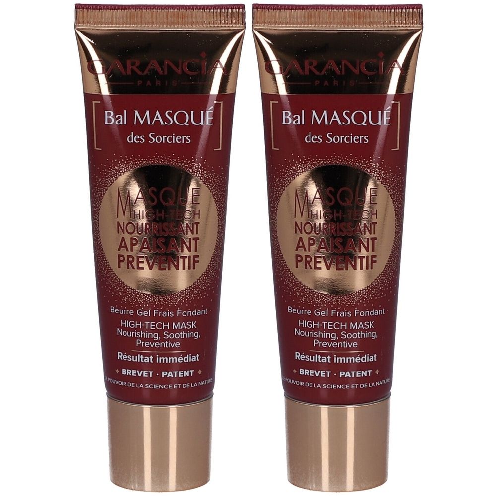 Deux tubes de masque facial. Couleur rouge foncé avec des accents dorés. Texte: Bal Masqué, Masque High-Tech, Nourishing, Apaisant, Préventif.
