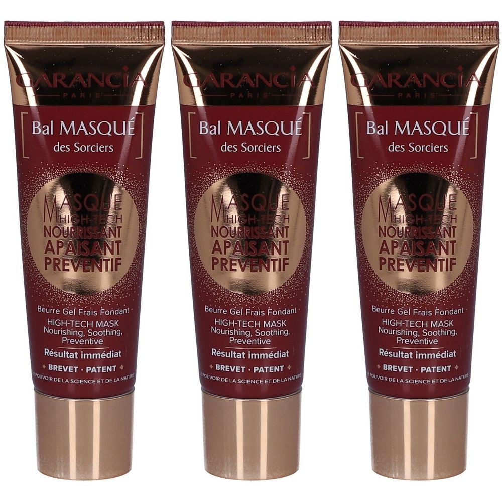 Trois tubes avec bouchons dorés. Inscription: Bal Masque des Sorciers, High-Tech Mask, nourrissant, apaisant, préventif.