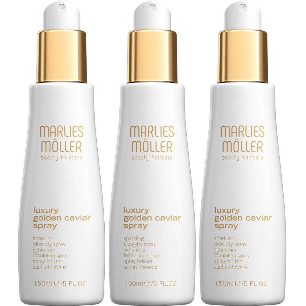 Trois flacons de spray blancs avec des bouchons dorés. Inscription: Marlies Möller, Luxury Golden Caviar Spray. 150ml/5 FL.OZ.