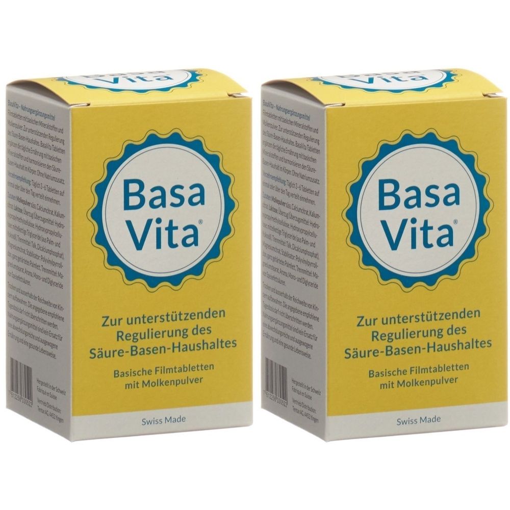 Deux boîtes avec le logo "Basa Vita". Fond jaune, bord bleu. Texte : "Zur unterstützenden Regulierung des Säure-Basen-Haushaltes".