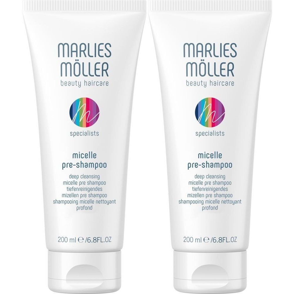 Deux tubes blancs. Inscription: Marlies Möller, Micelle Pre-Shampoo, 200 ml. Emballage cosmétique.